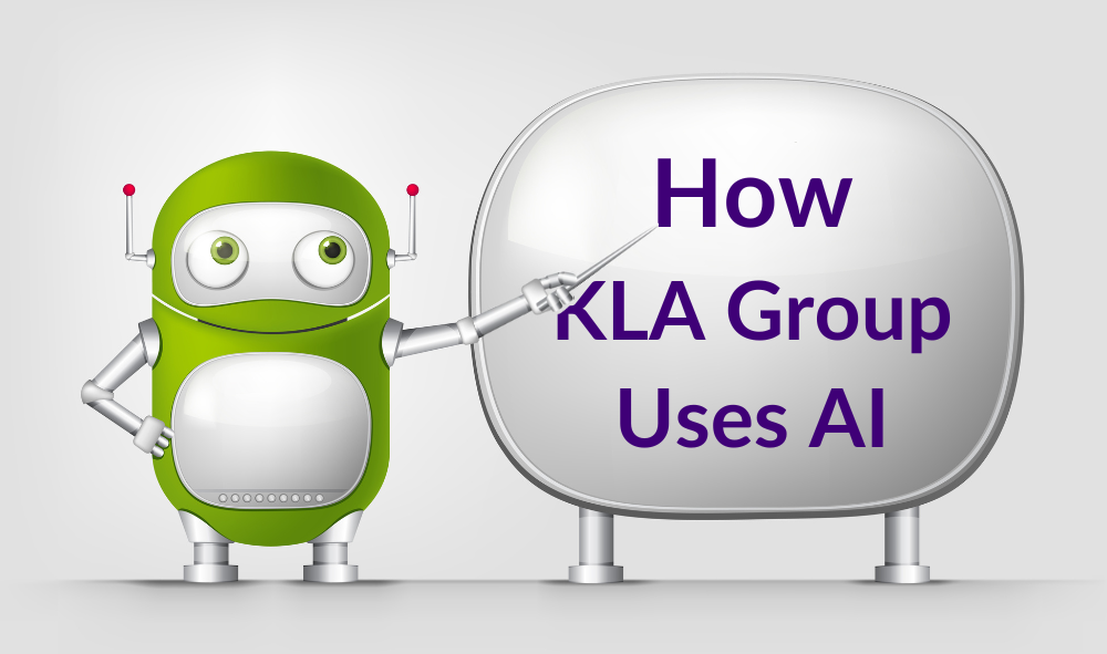Cute green robot points to a board saying 'How KLA Group Uses AI', showcasing futuristic AI application in business.