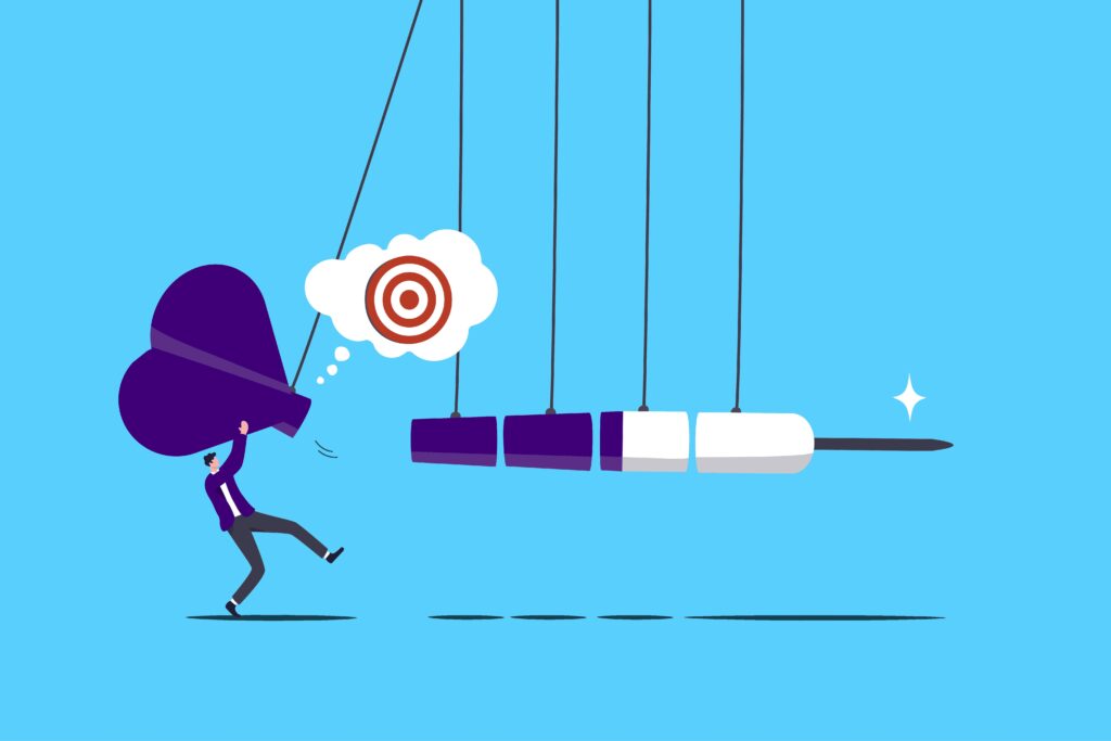 Person using pendulum to hit bullseye, reflecting strategic 2024 sales goals.