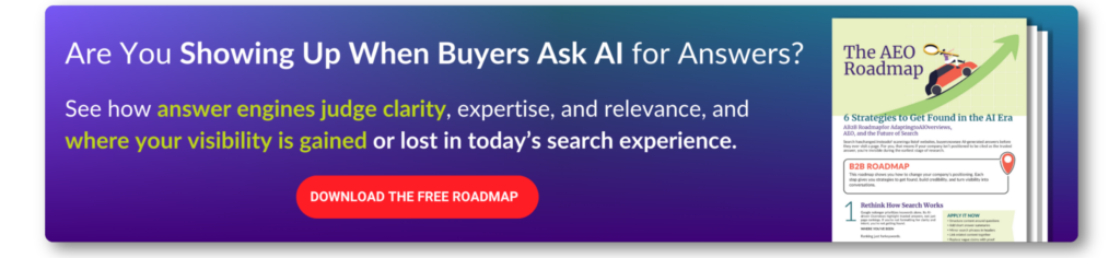 MOB promoting the AEO Roadmap about clarity, expertise, relevance, and AI search visibility. 
