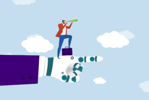 Business professional on AI robot hand looking ahead, symbolizing AI search, visibility, and content readiness.