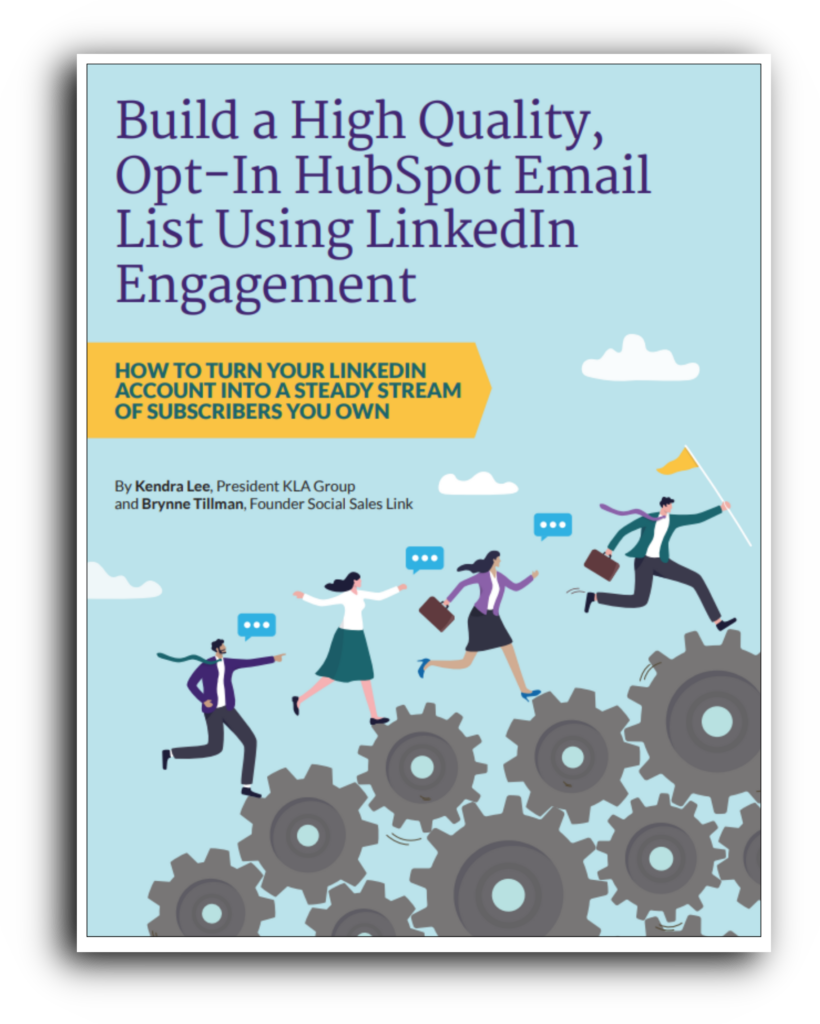 Illustration showing professionals converting LinkedIn engagement into an opt-in HubSpot email subscriber list.