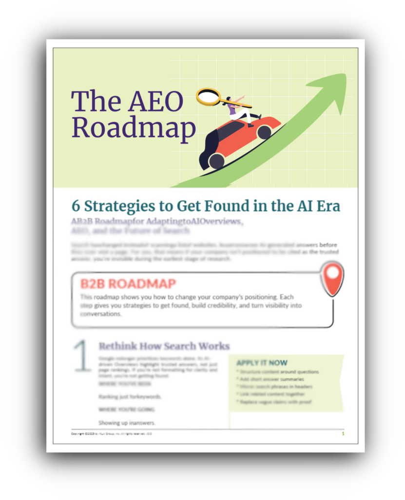 Illustration showing AEO roadmap with search, AI visibility, and growth strategies for B2B companies.