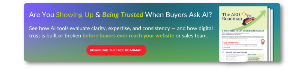 Graphic explaining how AI evaluates trust, clarity, expertise, and consistency before buyers engage with sales teams