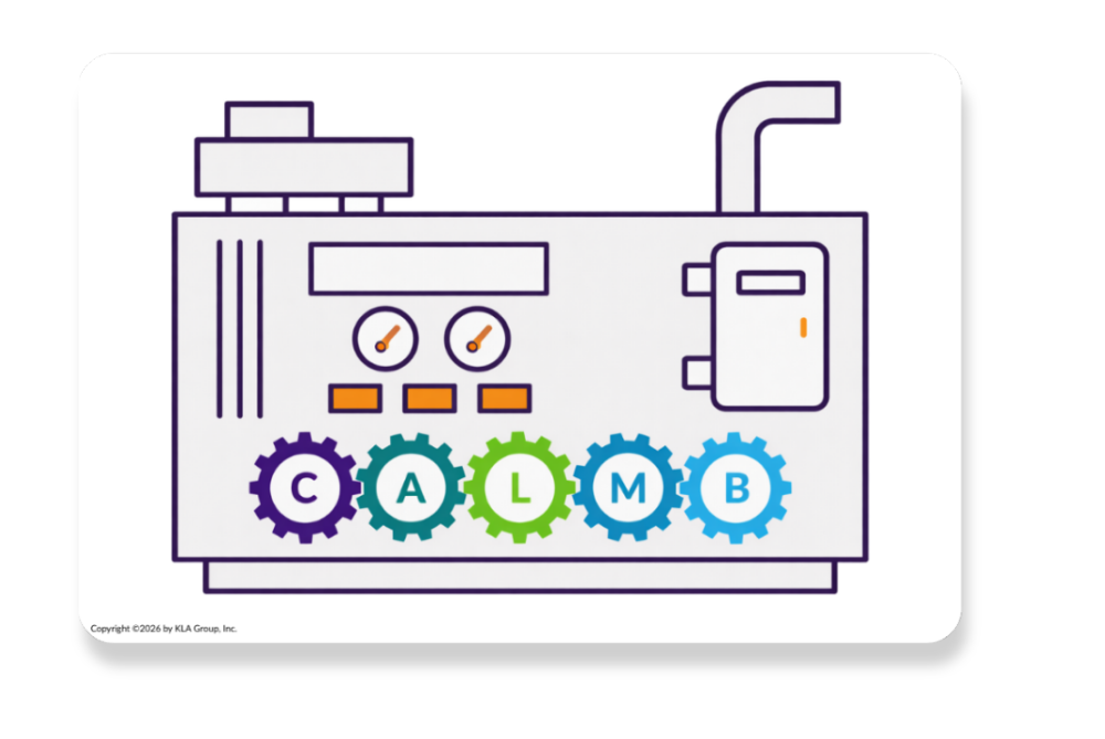 Control panel illustration with gears labeled CALMB representing a calm, trust based sales mindset system.