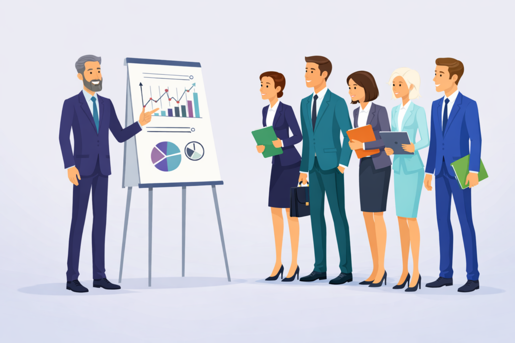 Business illustration of a leader with a megaphone guiding colleagues, symbolizing sales mindset and clear communication