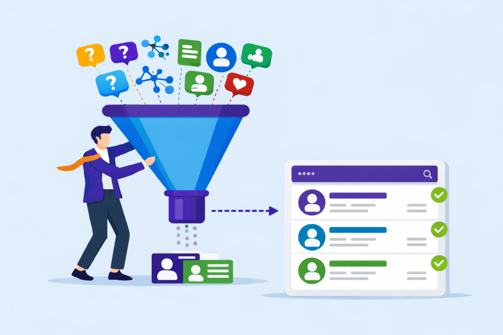 System showing trust-based engagement funneling the right contacts into a CRM for organized follow up