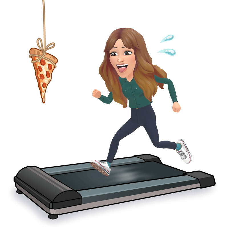 Bitmoji of Sammy Hager running on a threadmill with a pizza